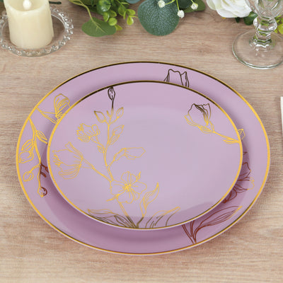 Opulent Lavender Plastic Party Plates With Metallic Gold Floral Design