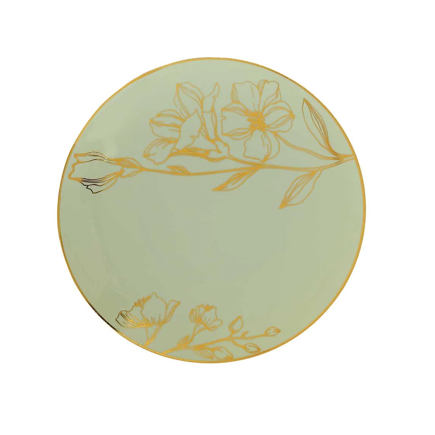 Set of 20 Sage Green Plastic Dinner Dessert Plates With Metallic Gold Floral Design, Disposable Round Party Plates - 8",10"