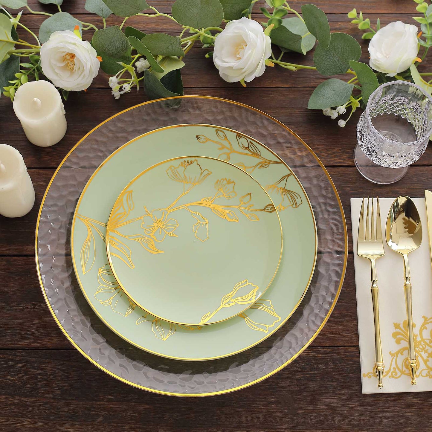 Set of 20 Sage Green Plastic Dinner Dessert Plates With Metallic Gold Floral Design, Disposable Round Party Plates - 8",10"