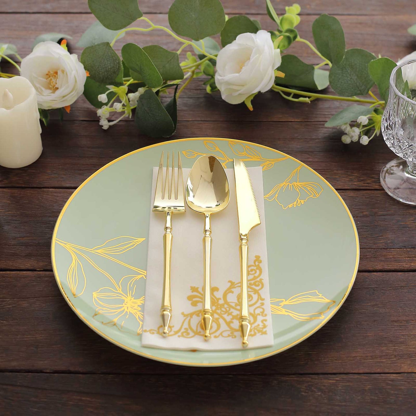 Set of 20 Sage Green Plastic Dinner Dessert Plates With Metallic Gold Floral Design, Disposable Round Party Plates - 8",10"