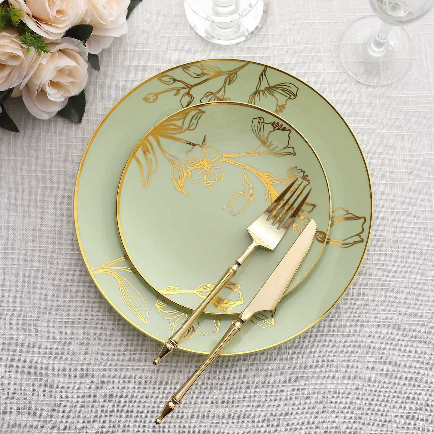 Set of 20 Sage Green Plastic Dinner Dessert Plates With Metallic Gold Floral Design, Disposable Round Party Plates - 8",10"