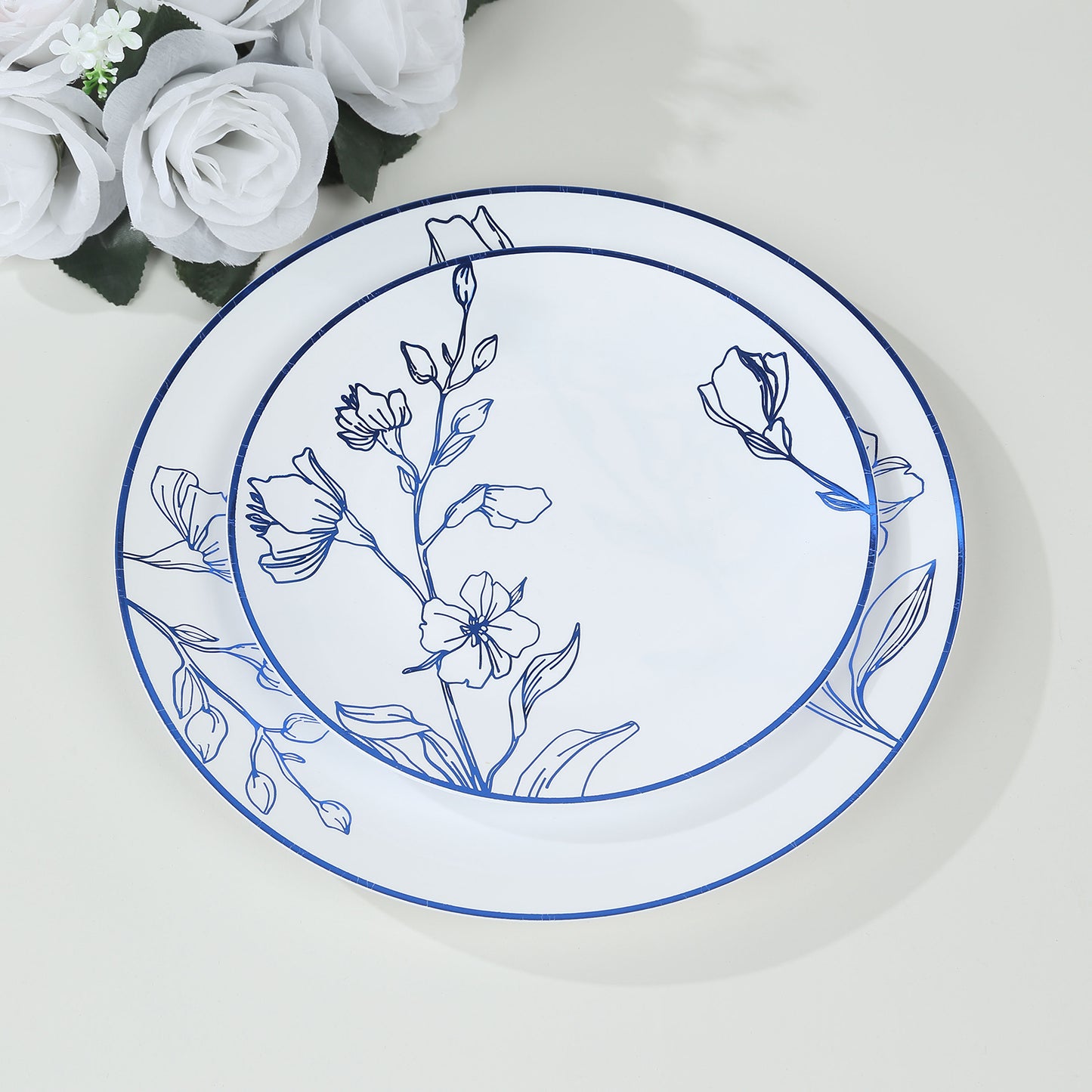 Set of 20 White Plastic Dinner Dessert Plates With Metallic Blue Floral Design, Disposable Round Party Plates - 8",10"