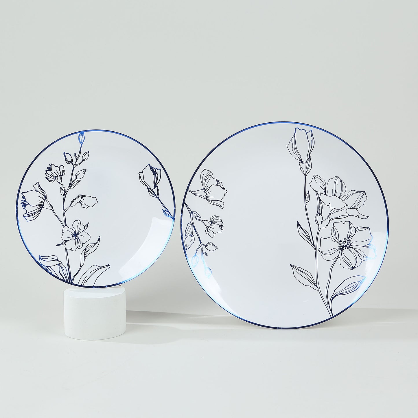 Set of 20 White Plastic Dinner Dessert Plates With Metallic Blue Floral Design, Disposable Round Party Plates - 8",10"