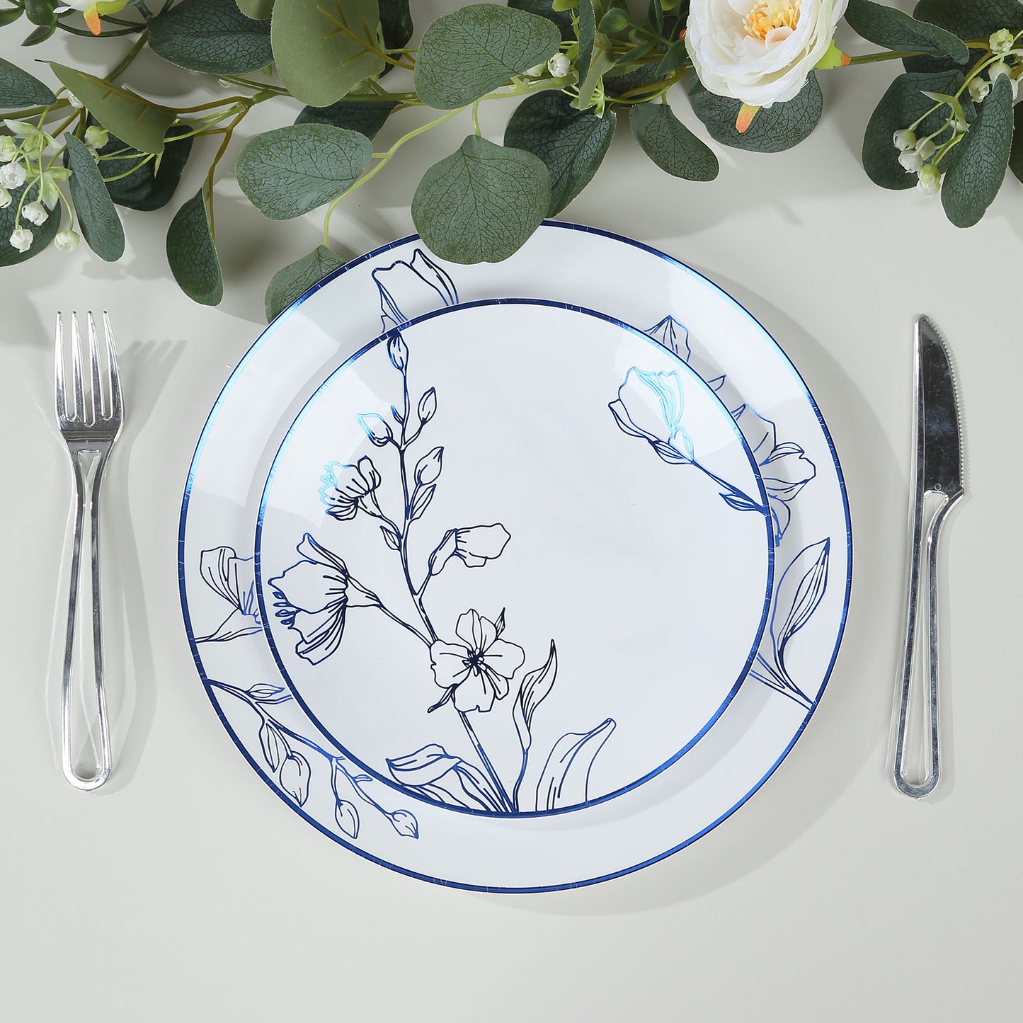 Set of 20 White Plastic Dinner Dessert Plates With Metallic Blue Floral Design, Disposable Round Party Plates - 8",10"