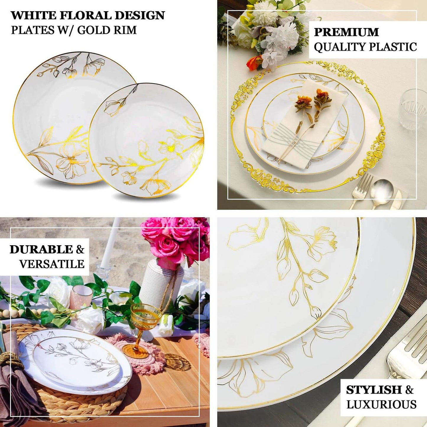 Set of 20 Lavender Lilac Plastic Dinner Dessert Plates With Metallic Gold Floral Design, Disposable Round Party Plates - 8",10"