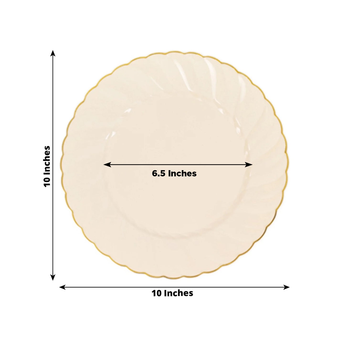 10 Pack | 10" Ivory / Gold Flair Rim Plastic Dinner Plates, Round Disposable Party Plates