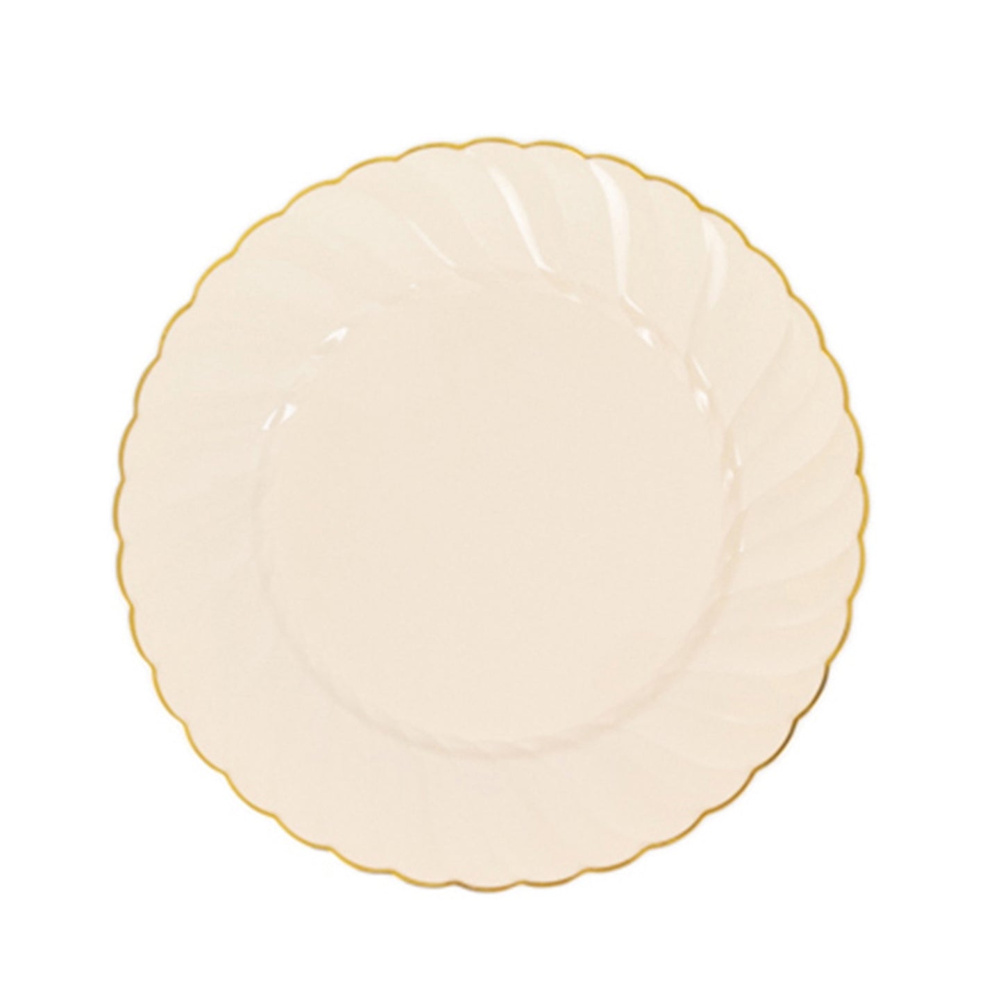 10 Pack | 10" Ivory / Gold Flair Rim Plastic Dinner Plates, Round Disposable Party Plates