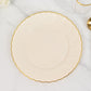 10 Pack | 10" Ivory / Gold Flair Rim Plastic Dinner Plates, Round Disposable Party Plates