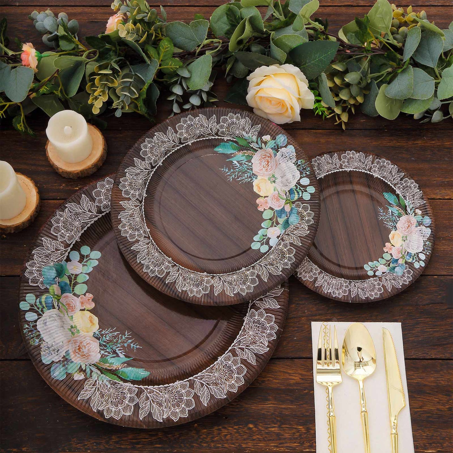 25 Pack Round Dinner Paper Plates in Brown Rustic Wood Print, 10" Disposable Party Plates With Floral Lace Rim