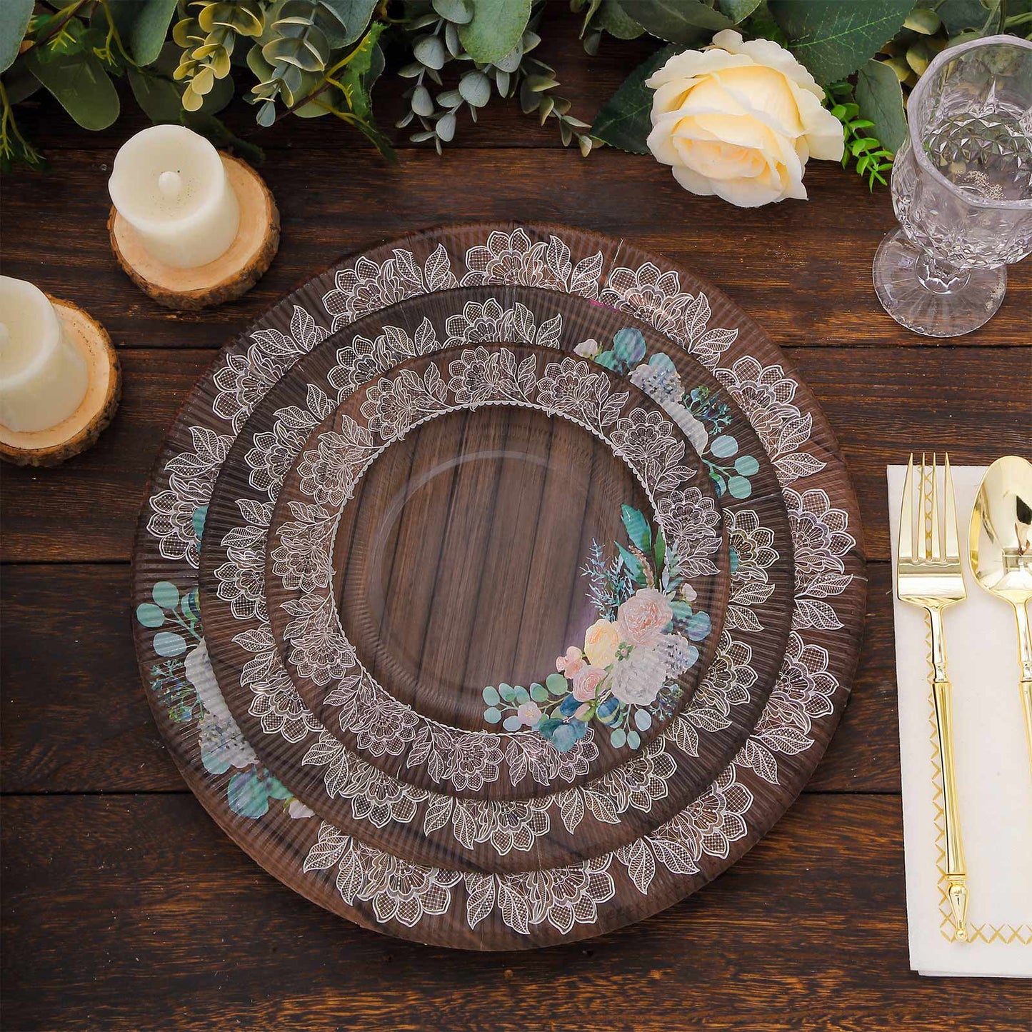 25 Pack Round Dinner Paper Plates in Brown Rustic Wood Print, 10" Disposable Party Plates With Floral Lace Rim