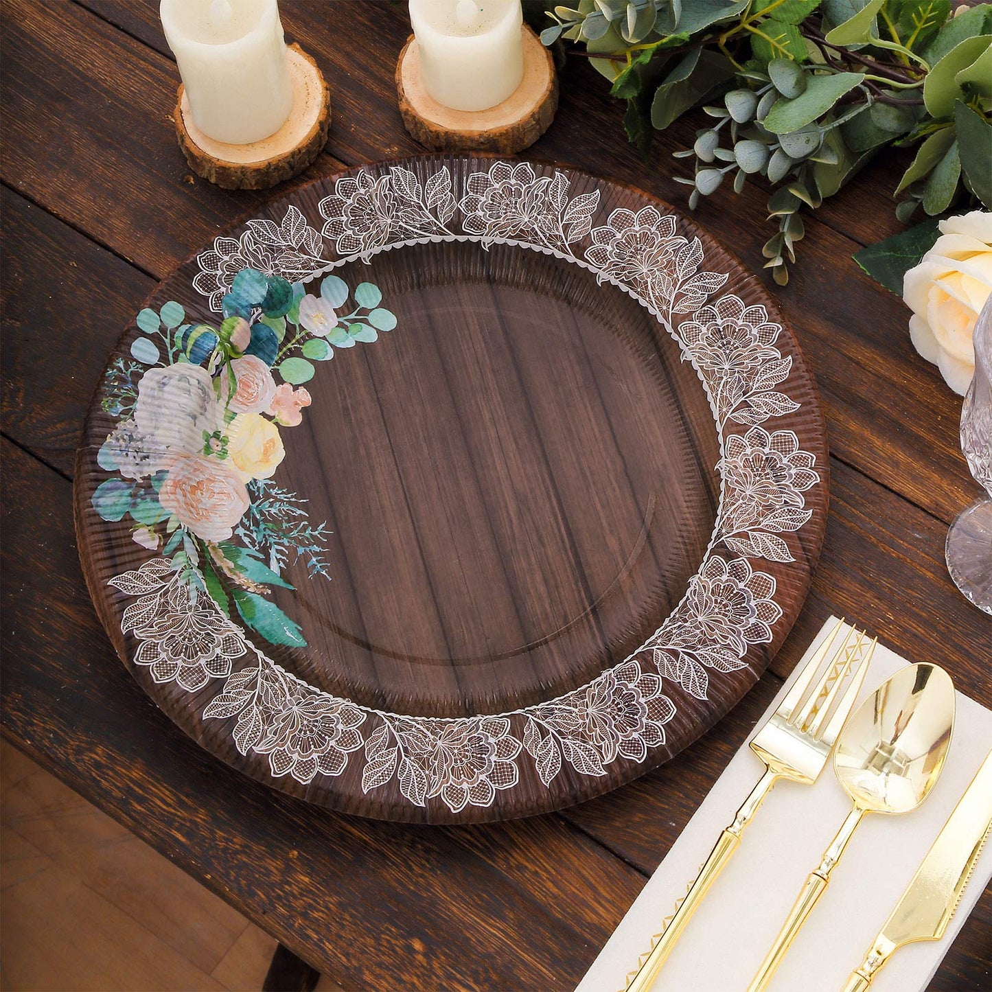 25 Pack Round Dinner Paper Plates in Brown Rustic Wood Print, 10" Disposable Party Plates With Floral Lace Rim