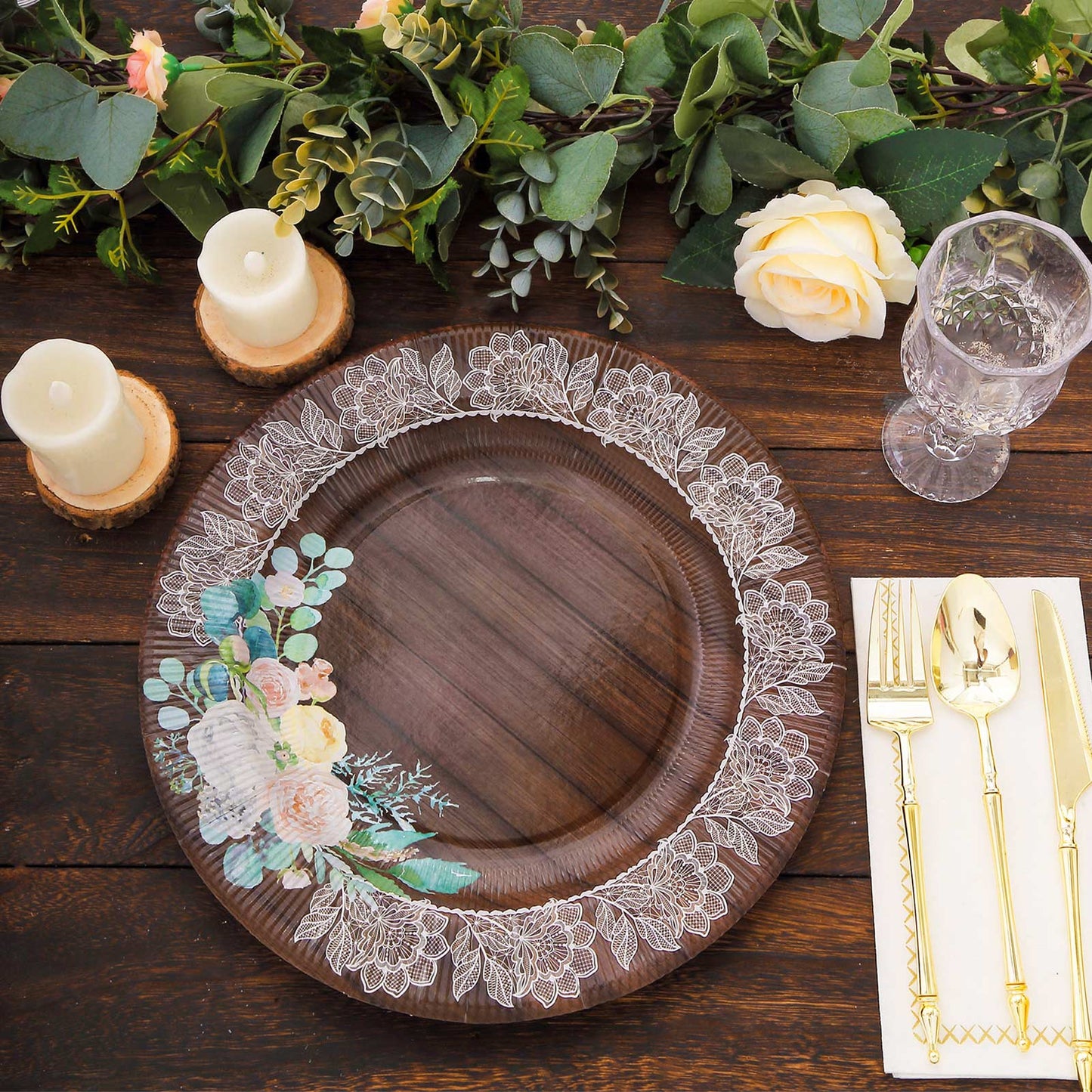 25 Pack Round Dinner Paper Plates in Brown Rustic Wood Print, 10" Disposable Party Plates With Floral Lace Rim