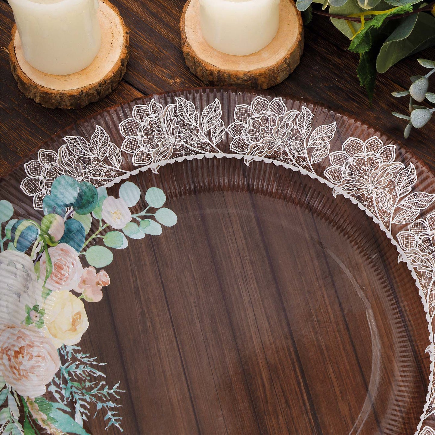 25 Pack Round Dinner Paper Plates in Brown Rustic Wood Print, 10" Disposable Party Plates With Floral Lace Rim