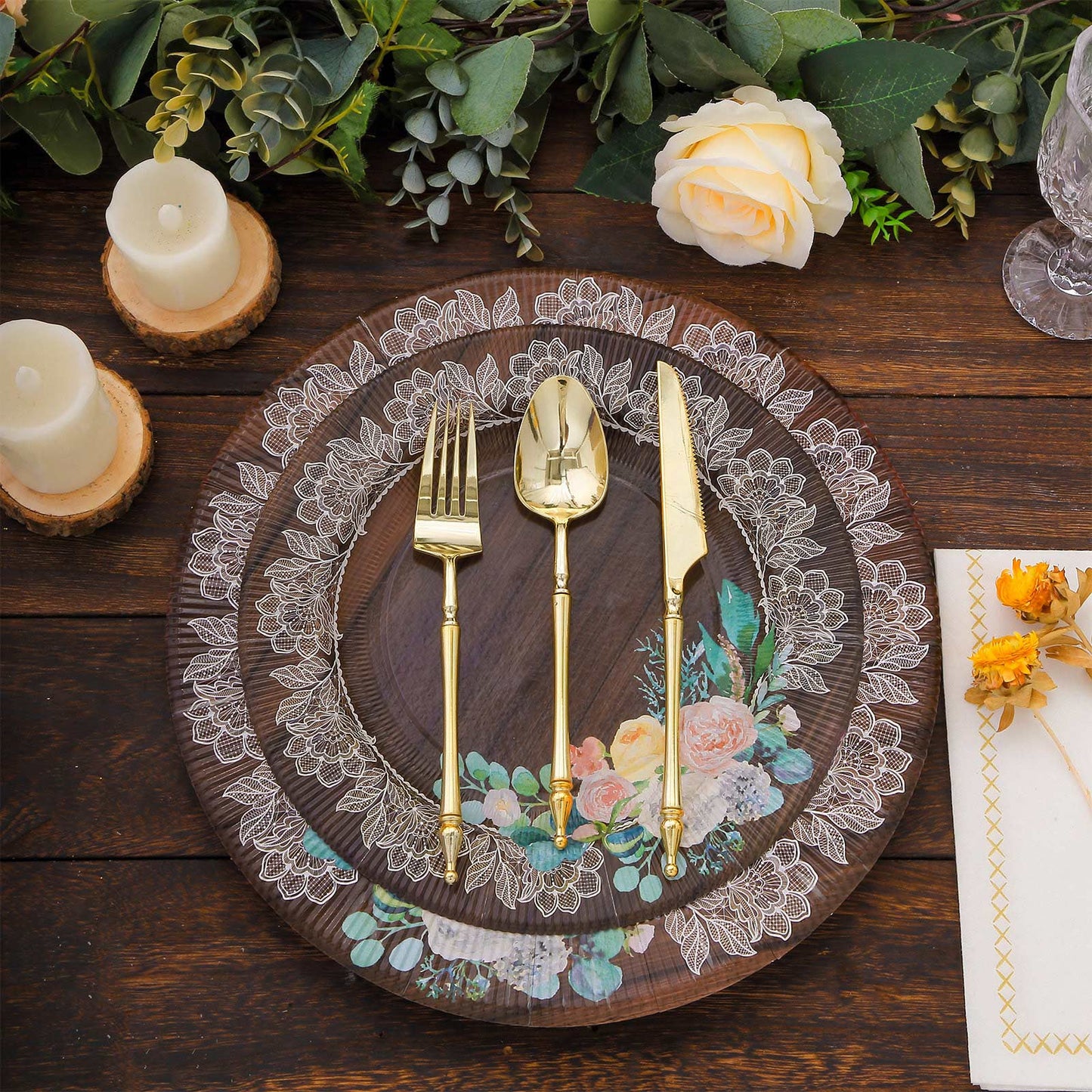 25 Pack Round Dinner Paper Plates in Brown Rustic Wood Print, 10" Disposable Party Plates With Floral Lace Rim