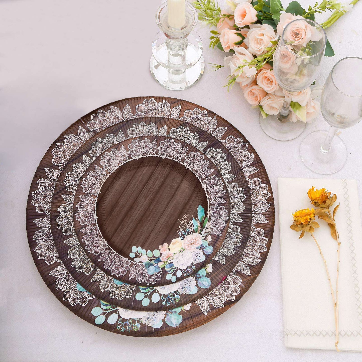 25 Pack Round Dinner Paper Plates in Brown Rustic Wood Print, 10" Disposable Party Plates With Floral Lace Rim