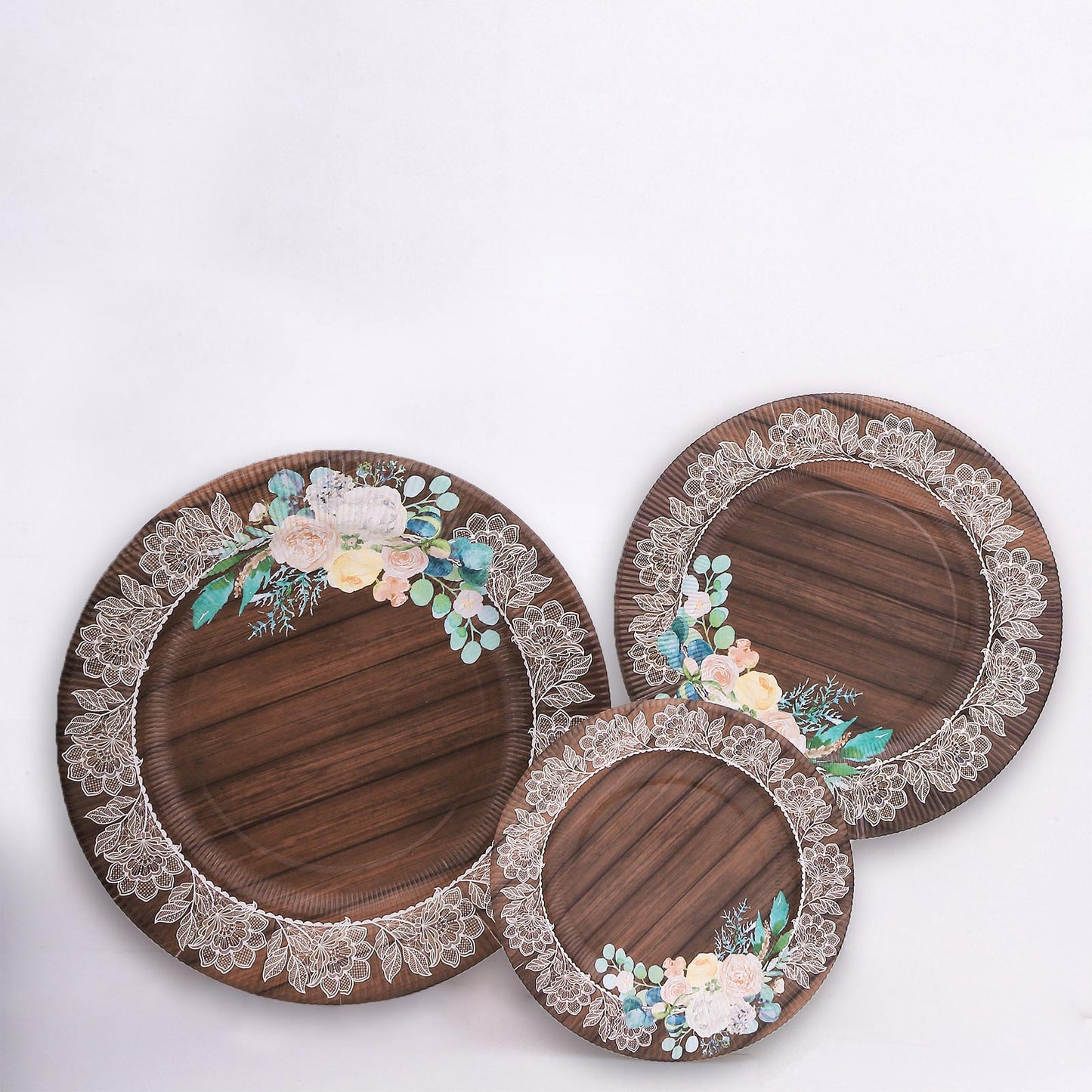 25 Pack Round Dinner Paper Plates in Brown Rustic Wood Print, 10" Disposable Party Plates With Floral Lace Rim