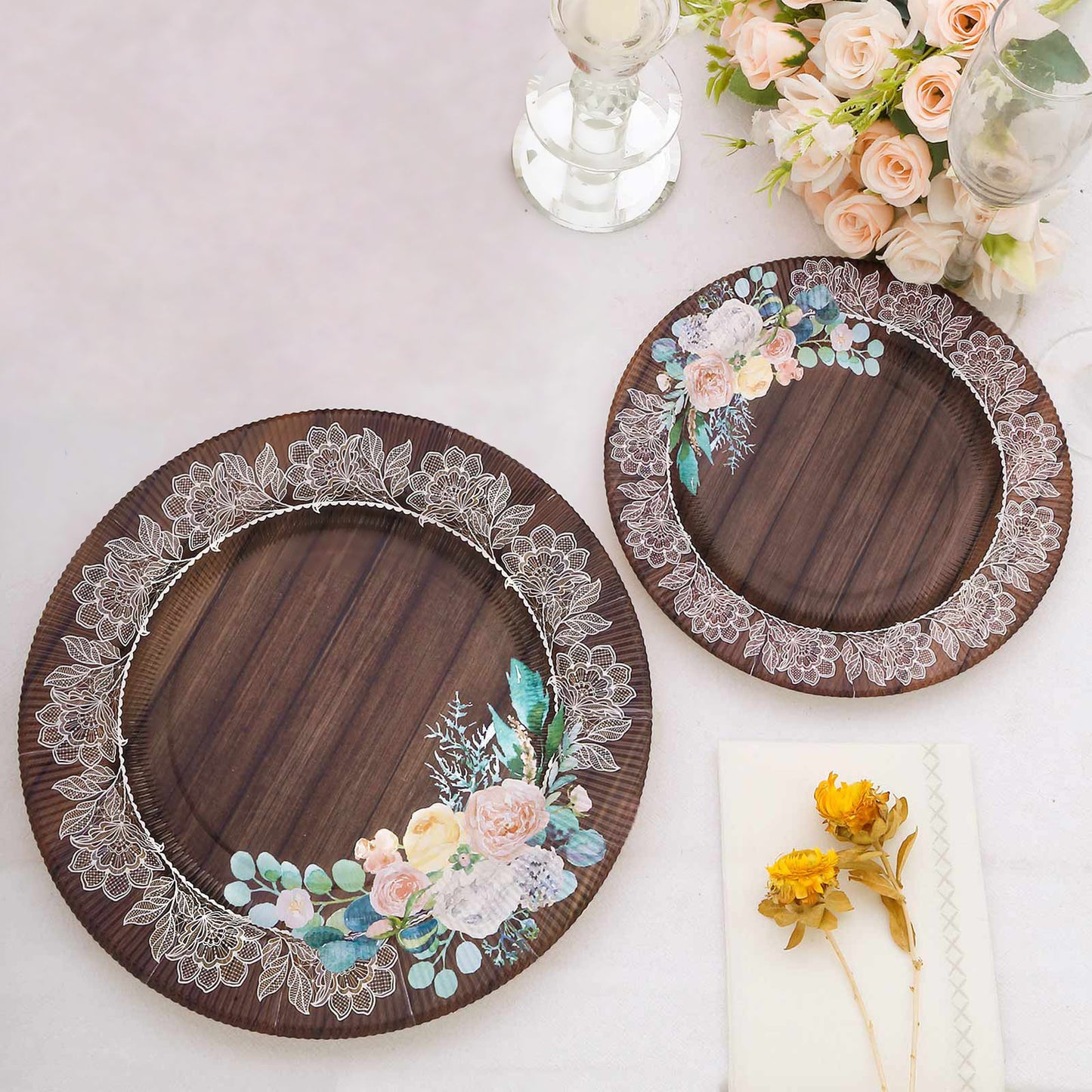 25 Pack Round Dinner Paper Plates in Brown Rustic Wood Print, 10" Disposable Party Plates With Floral Lace Rim