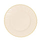 Ivory and gold flair rim disposable dessert plates, round shape.