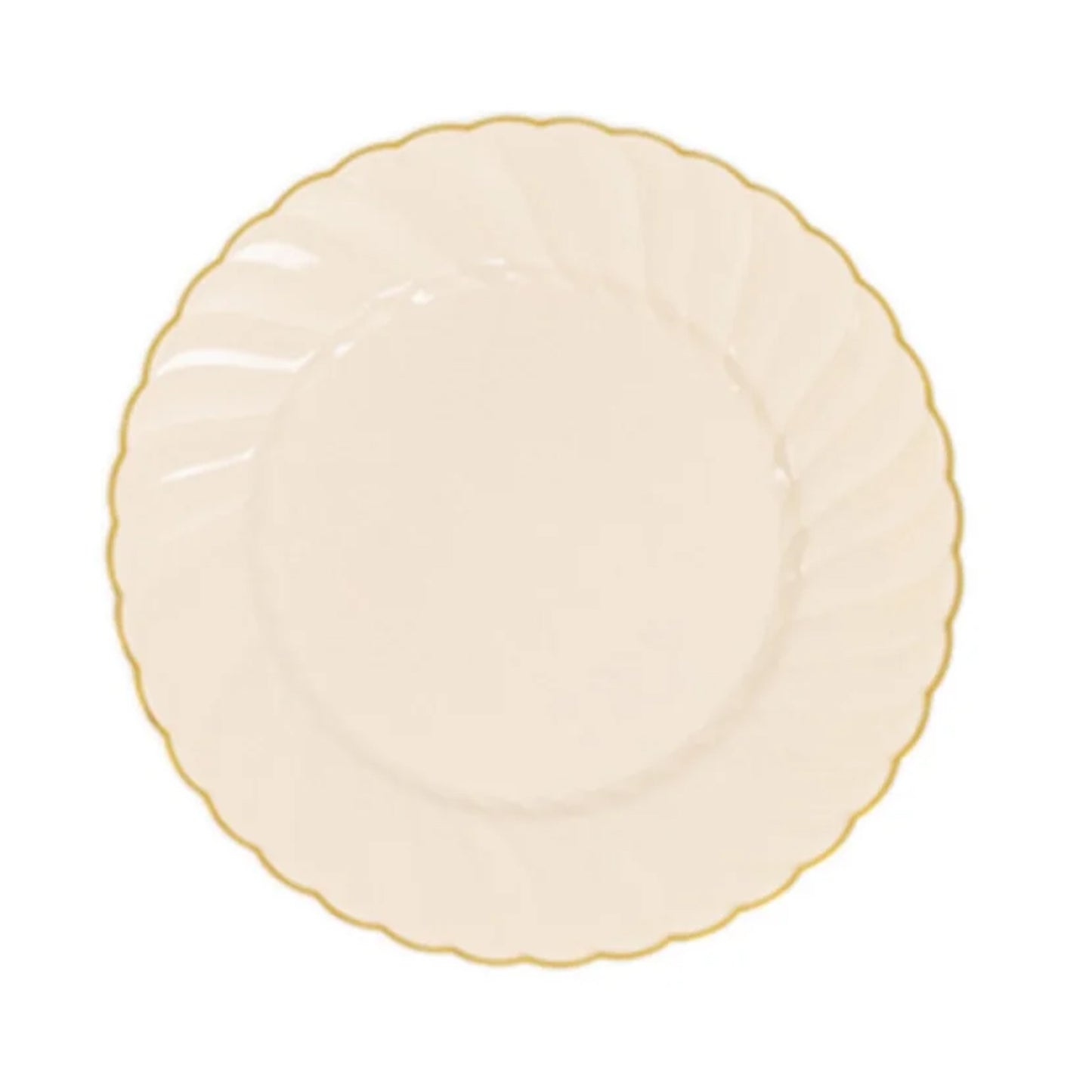 Ivory and gold flair rim disposable dessert plates, round shape.
