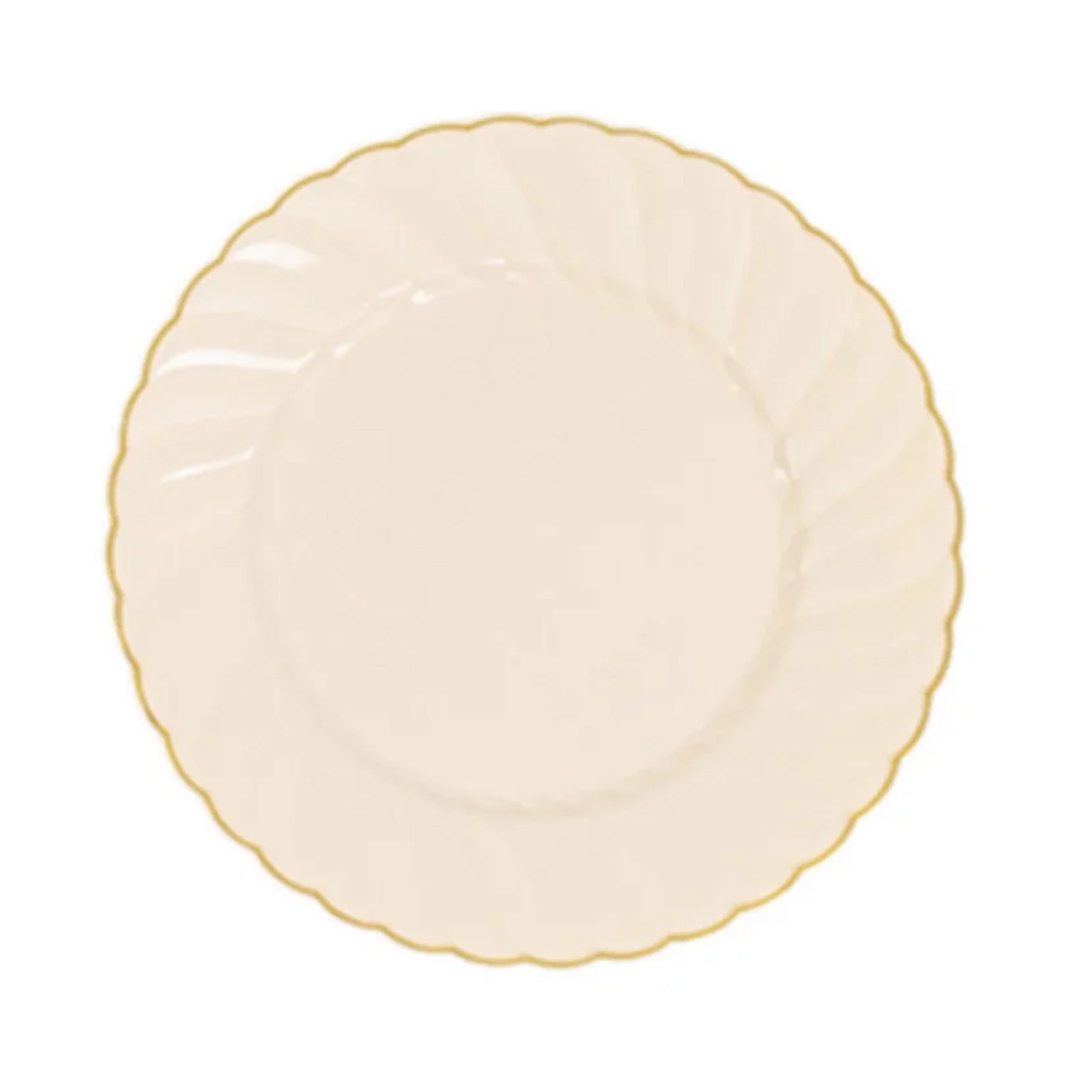 Ivory and gold flair rim disposable dessert plates, round shape.