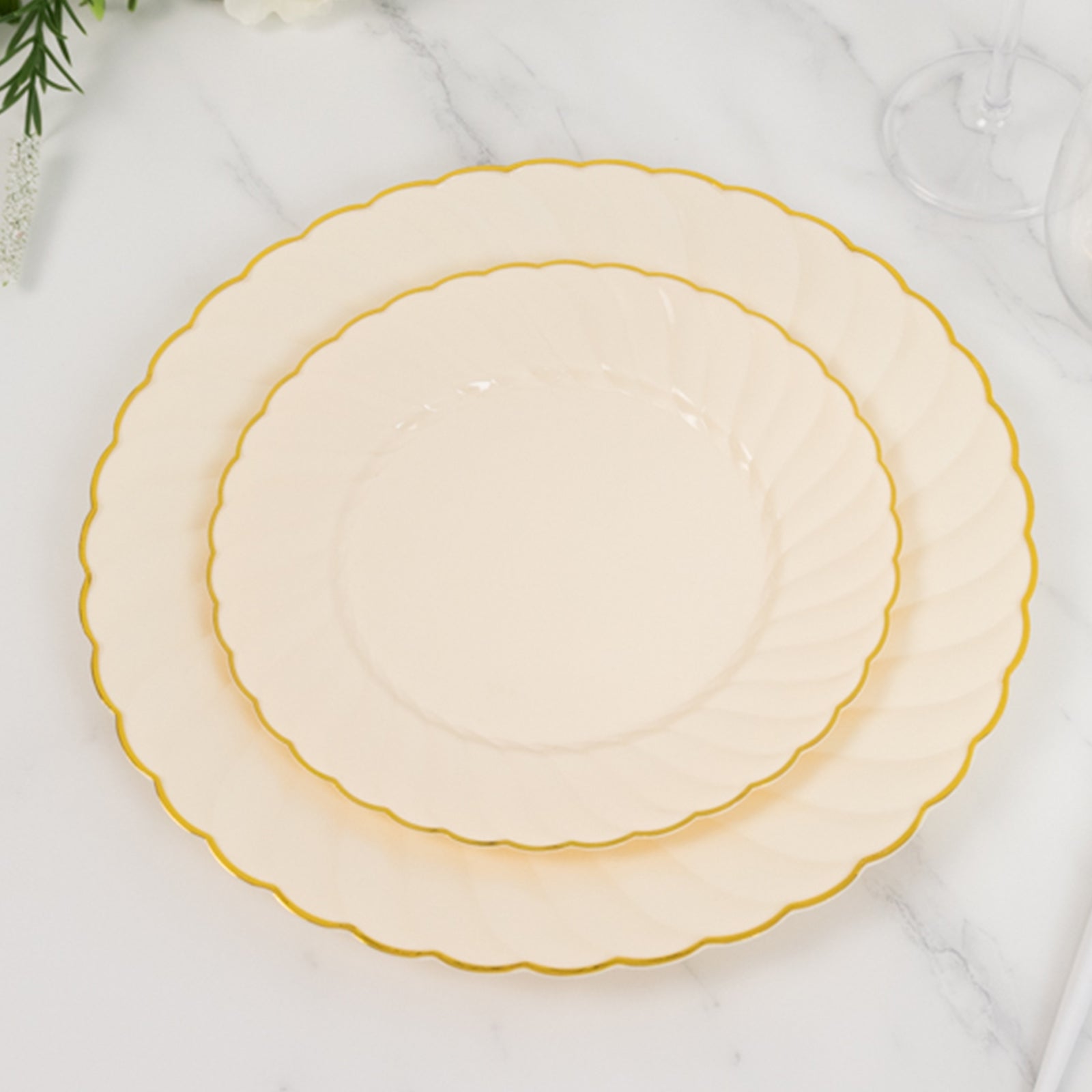 Ivory plates with gold flair rim, perfect for desserts and appetizers.