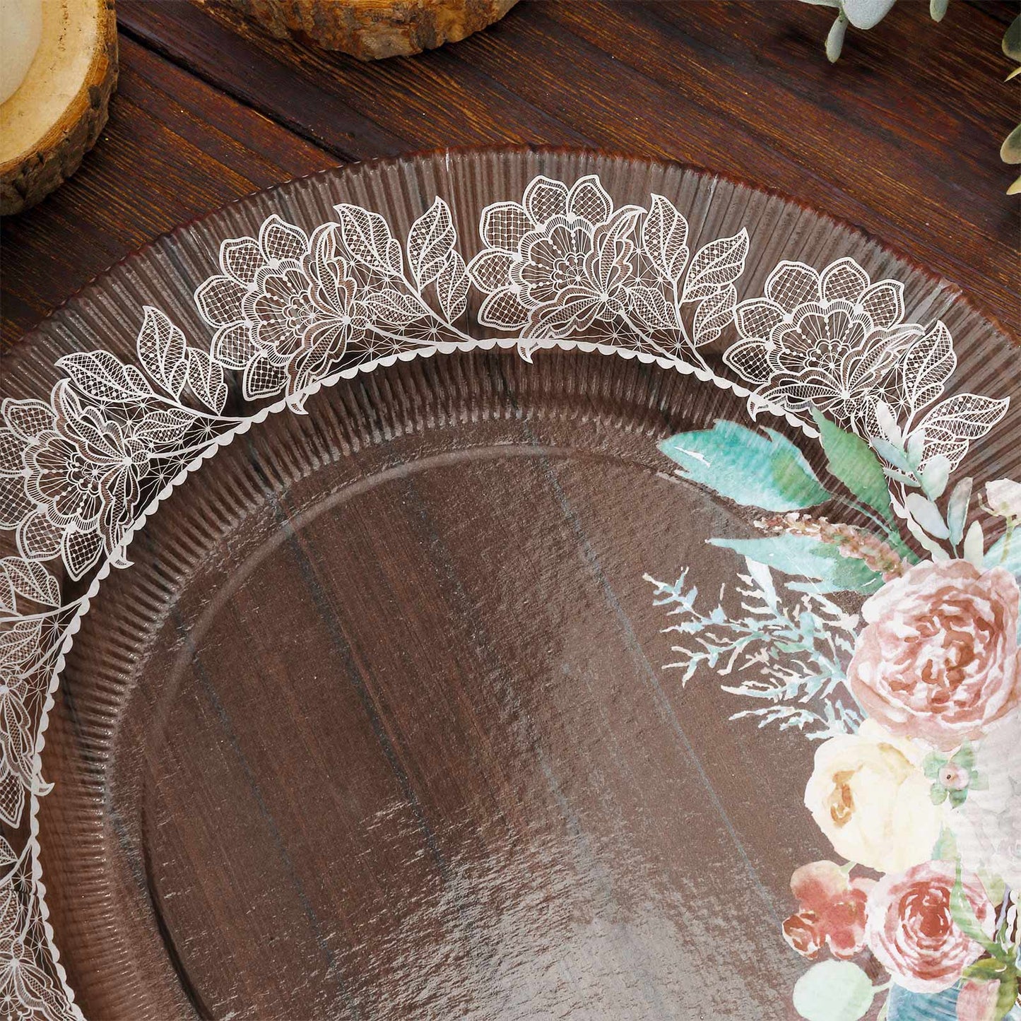 25 Pack Round Appetizer Dessert Paper Plates in Brown Rustic Wood Print, 8" Disposable Salad Plates With Floral Lace Rim