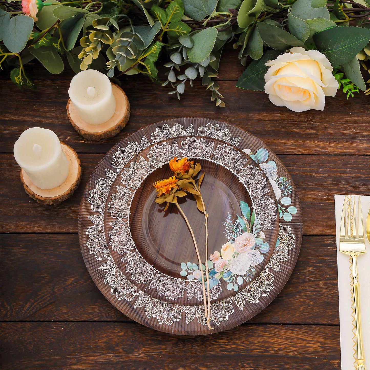 25 Pack Round Appetizer Dessert Paper Plates in Brown Rustic Wood Print, 8" Disposable Salad Plates With Floral Lace Rim