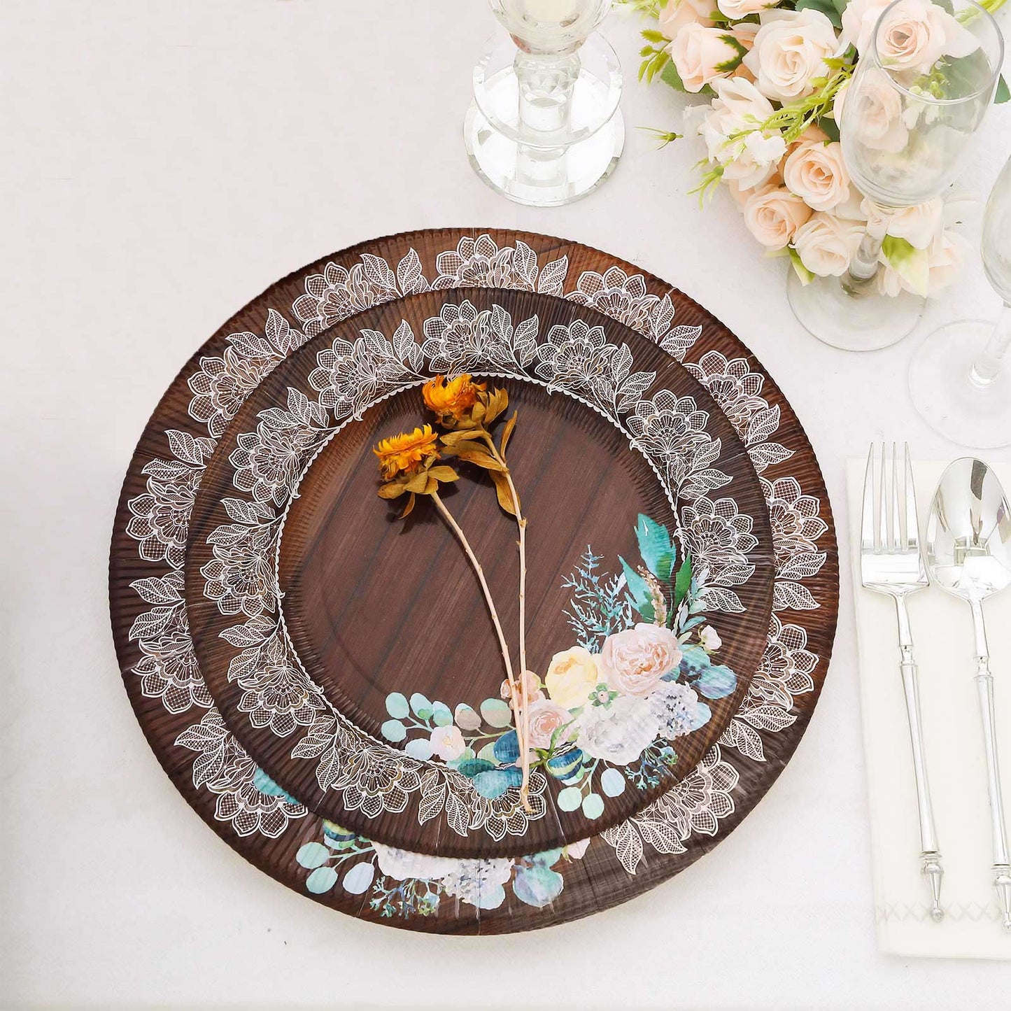 25 Pack Round Appetizer Dessert Paper Plates in Brown Rustic Wood Print, 8" Disposable Salad Plates With Floral Lace Rim