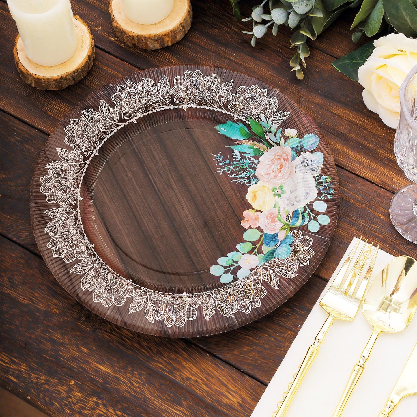 25 Pack Round Appetizer Dessert Paper Plates in Brown Rustic Wood Print, 8" Disposable Salad Plates With Floral Lace Rim