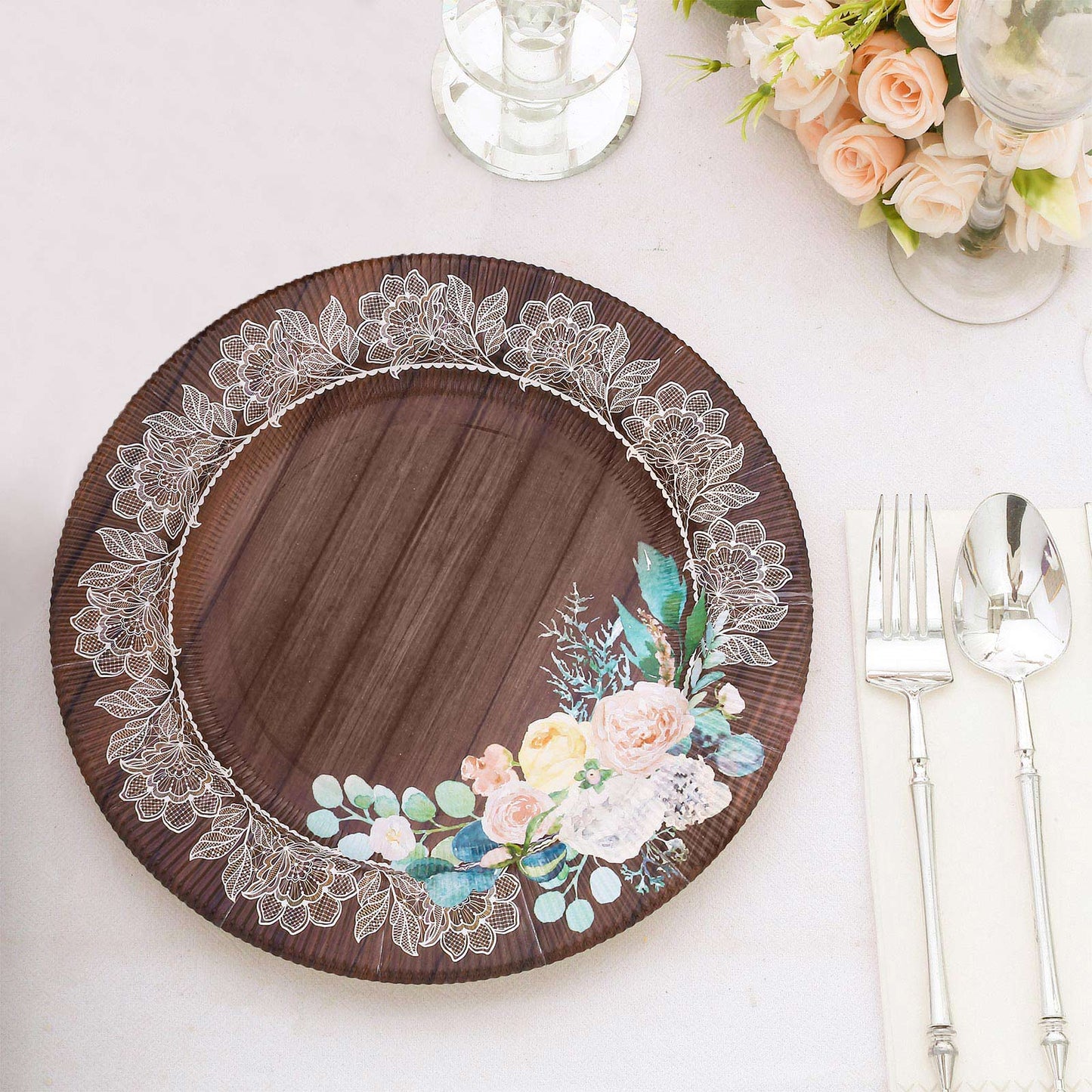 25 Pack Round Appetizer Dessert Paper Plates in Brown Rustic Wood Print, 8" Disposable Salad Plates With Floral Lace Rim