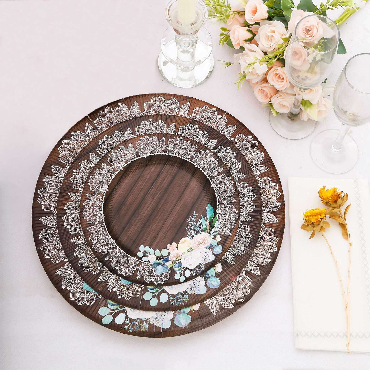 25 Pack Round Appetizer Dessert Paper Plates in Brown Rustic Wood Print, 8" Disposable Salad Plates With Floral Lace Rim