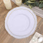 Elegant white plates with gold trim on a wooden table setting. Perfect for dining decor.