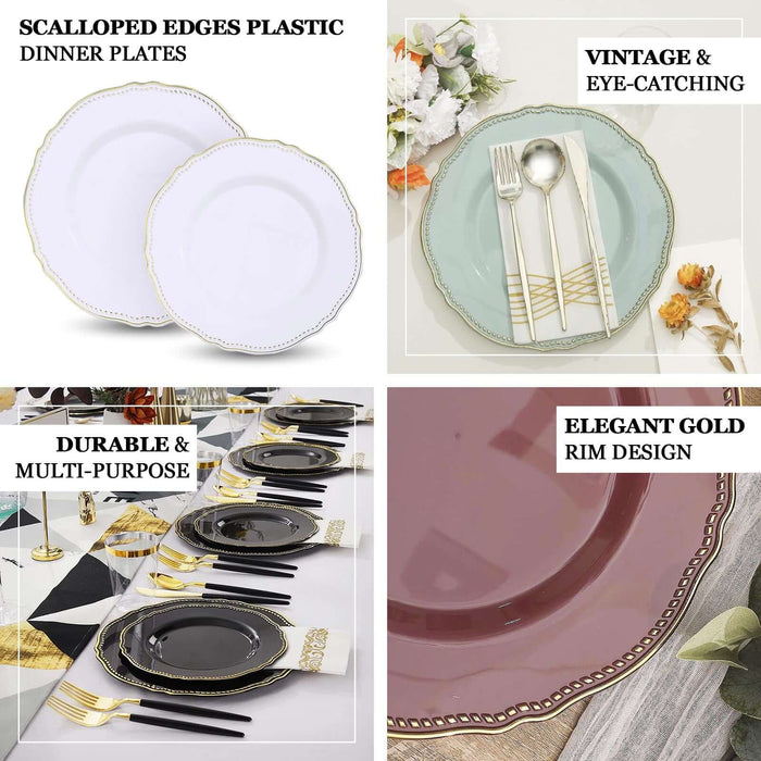Elegant scalloped edge plastic dinner plates in vintage styles with gold accents.