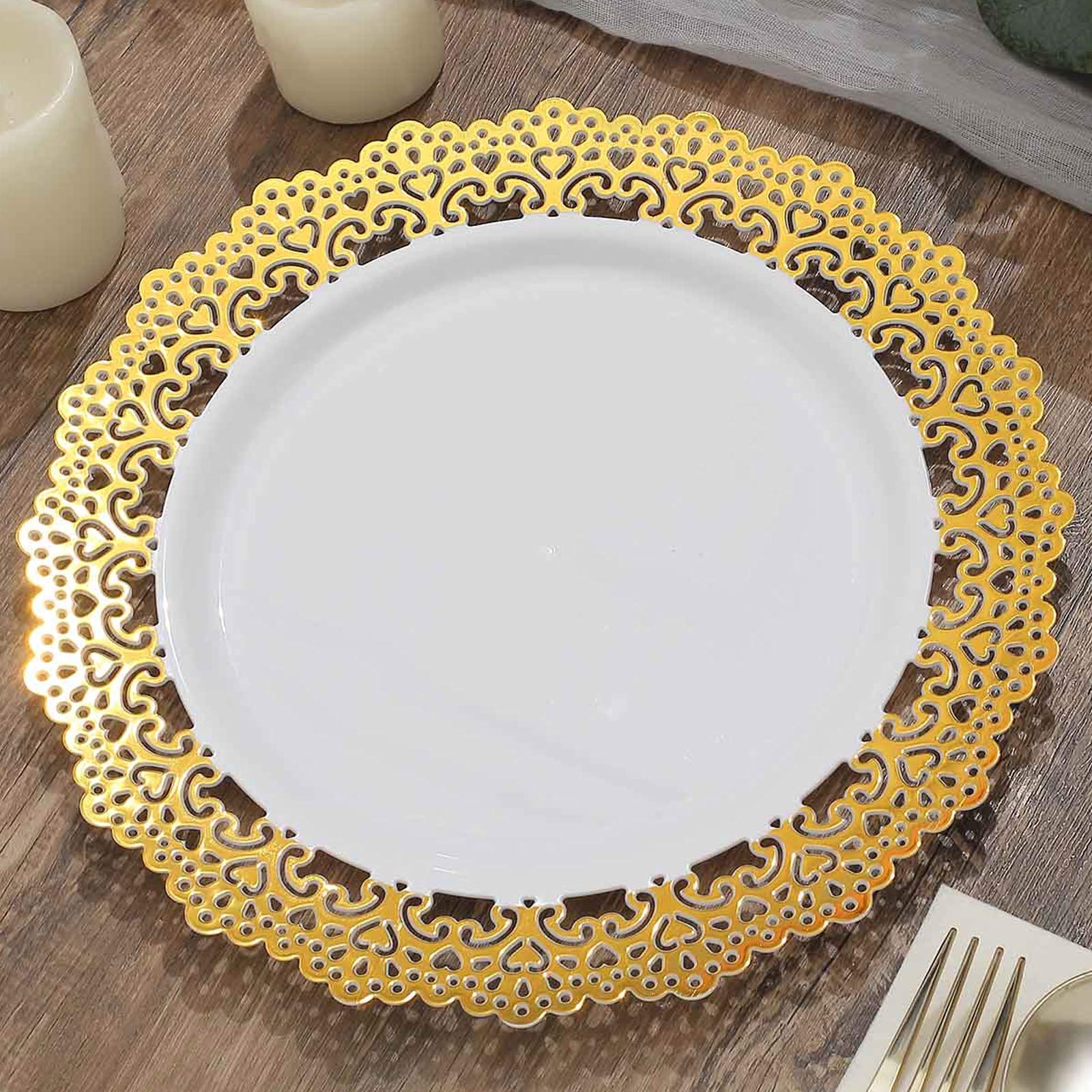 White plastic dinner plate with gold lace rim.