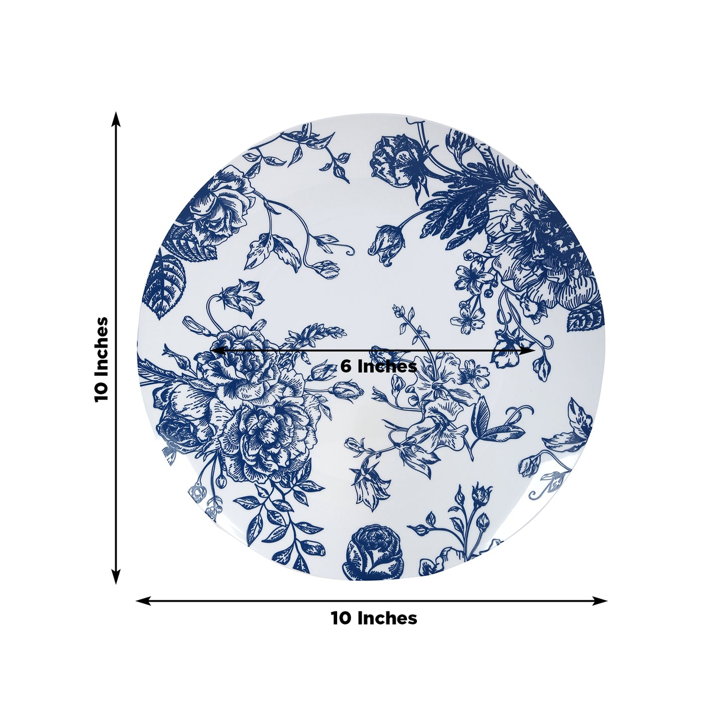 10-Pack French Toile Plastic Party Plates – Blue & White Floral, 10" Round Disposable Dinner Plates
