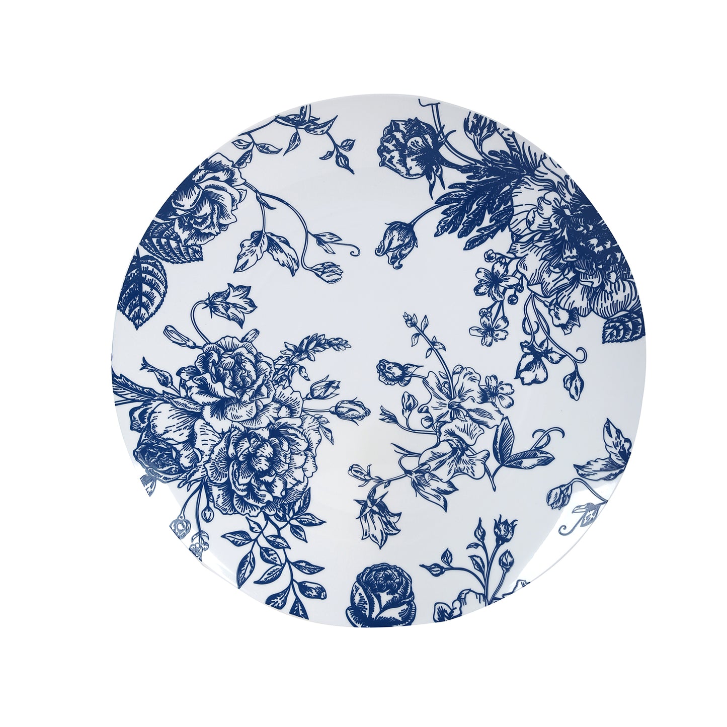 10-Pack French Toile Plastic Party Plates – Blue & White Floral, 10" Round Disposable Dinner Plates