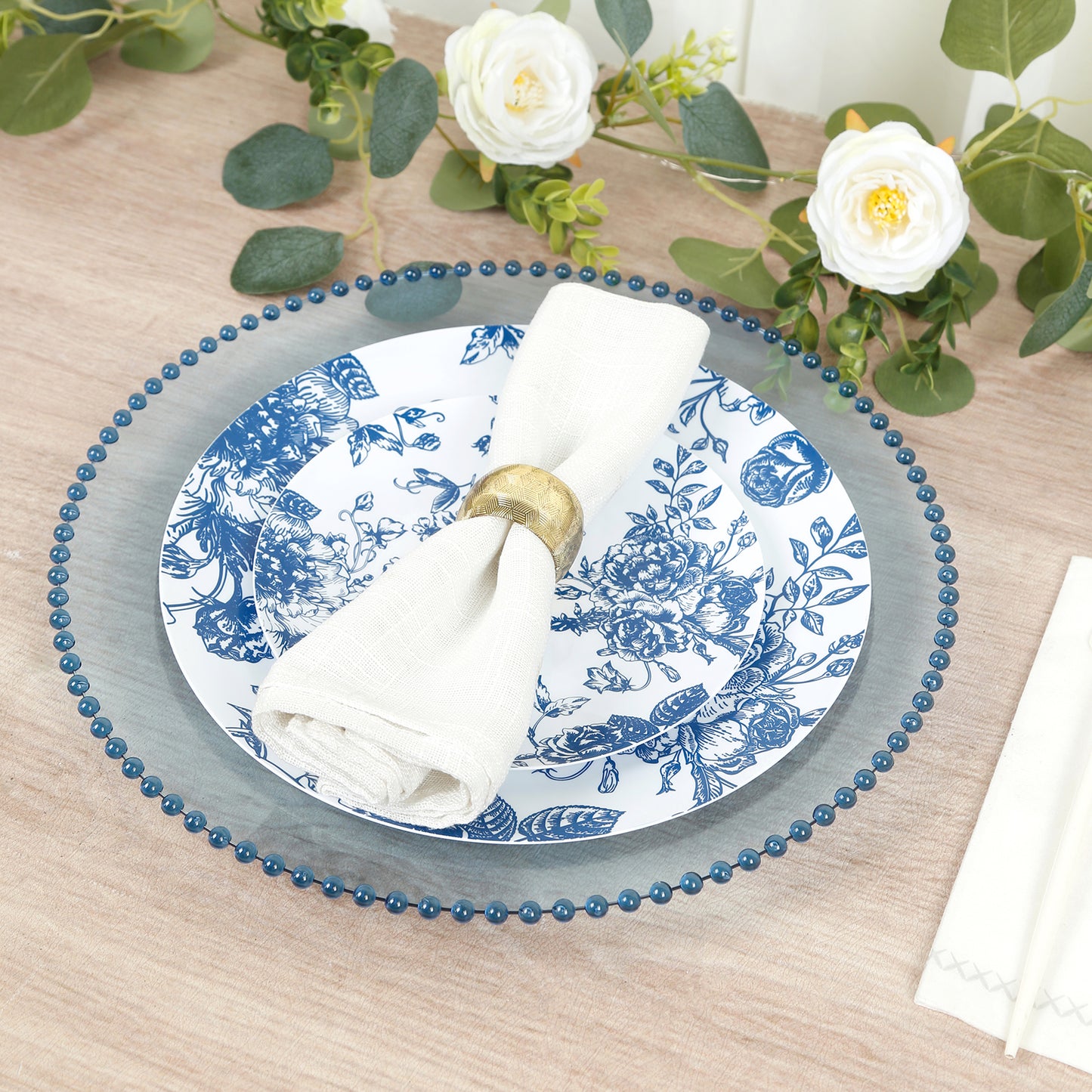 10-Pack French Toile Plastic Party Plates – Blue & White Floral, 10" Round Disposable Dinner Plates