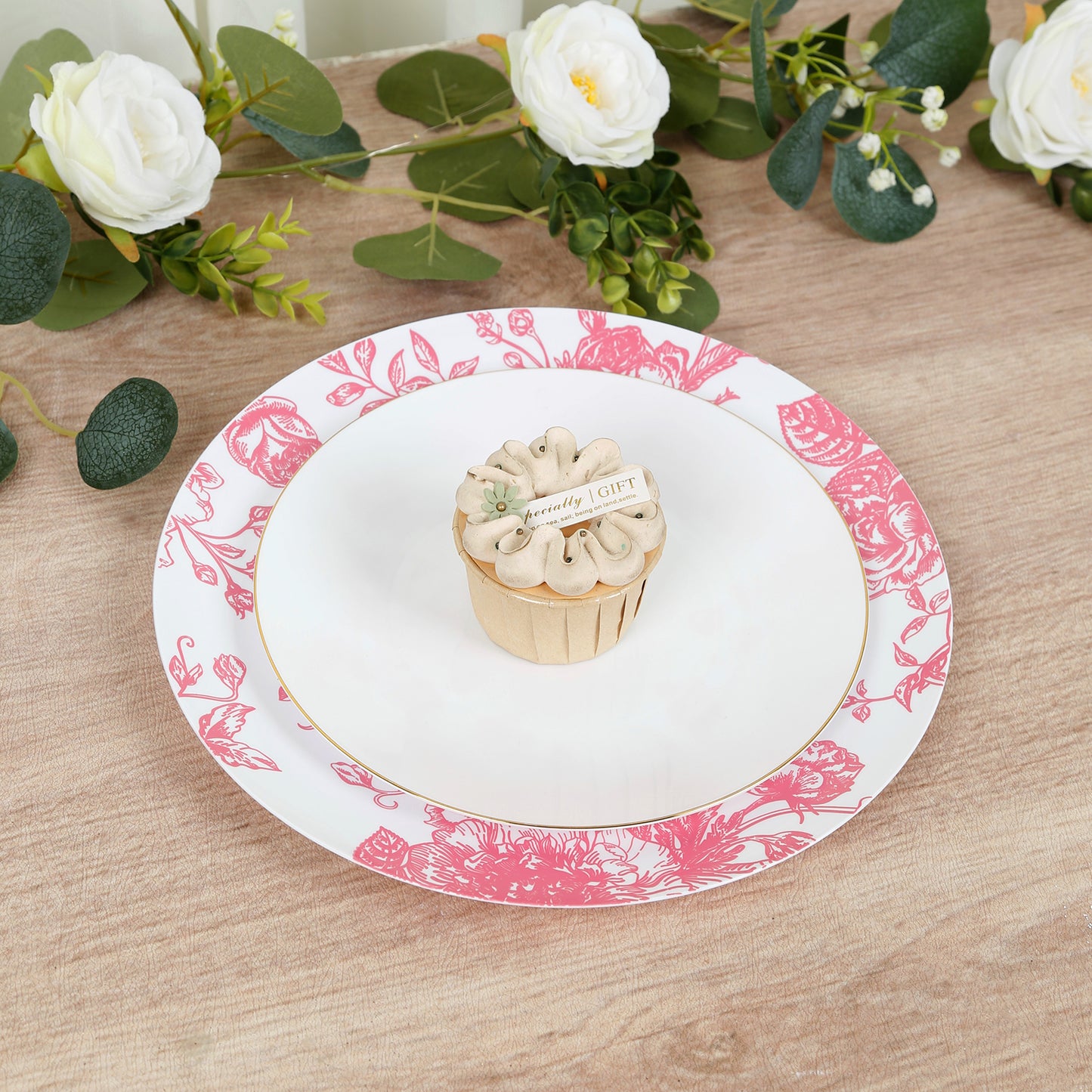 10-Pack French Toile Plastic Party Plates – Pink & White Floral, 10" Round Disposable Dinner Plates