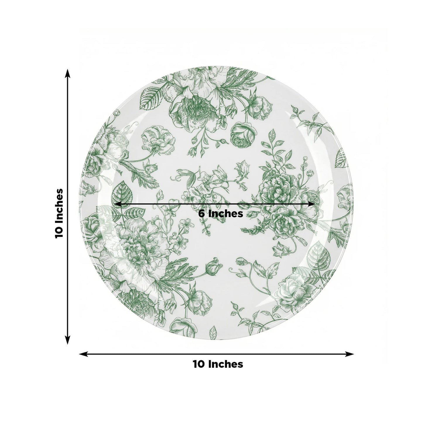 10-Pack French Toile Plastic Party Plates – Sage Green & White Floral, 10" Round Disposable Dinner P