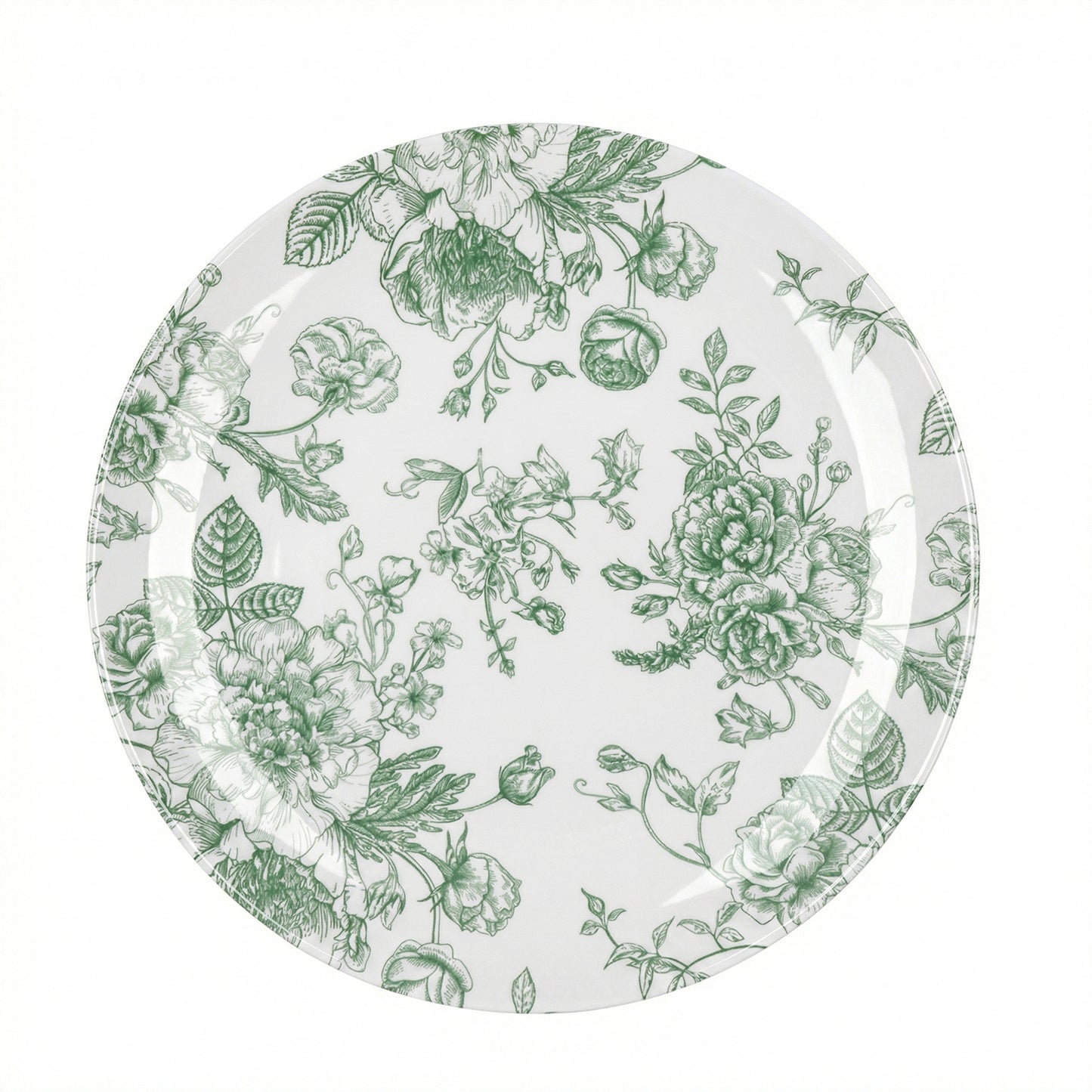Sage green and white floral disposable dinner plate, 10 inches round. #whtbkgd