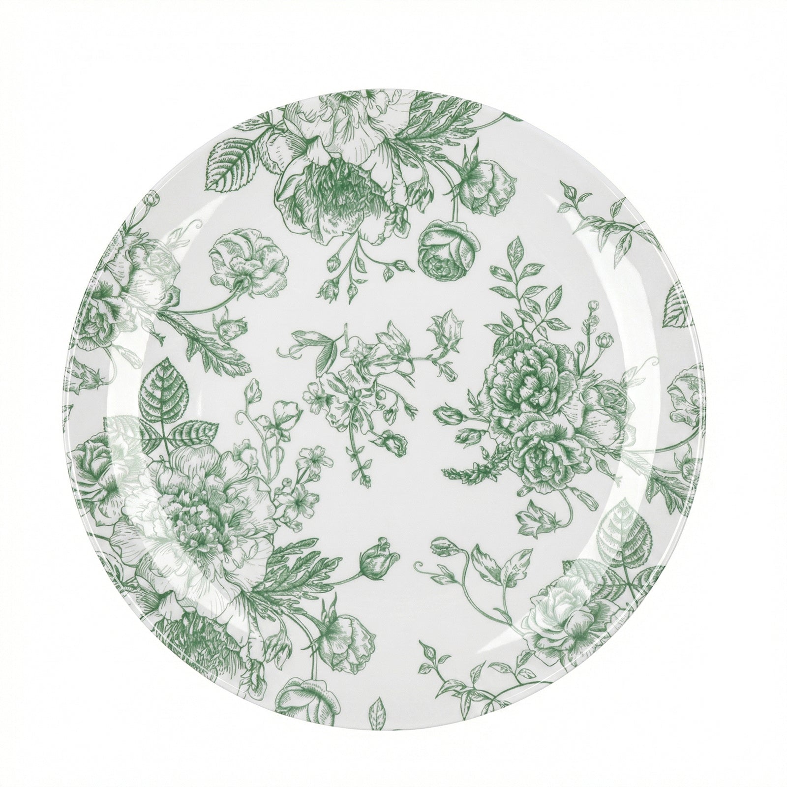 Sage green and white floral disposable dinner plate, 10 inches round. #whtbkgd