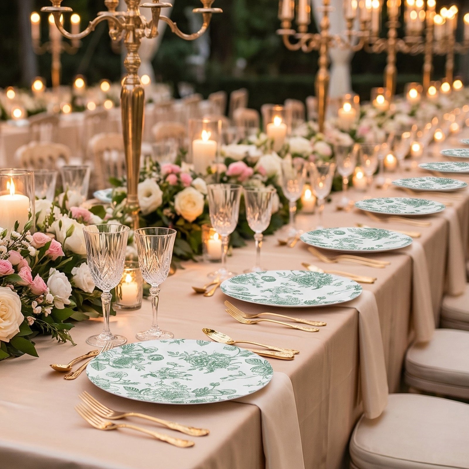 Sage green and white floral disposable dinner plates on elegantly set table.