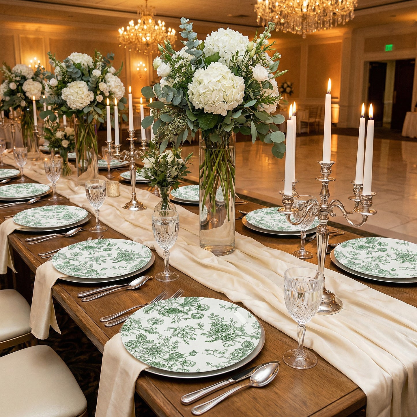 Sage green and white floral disposable dinner plates on a decorated table.