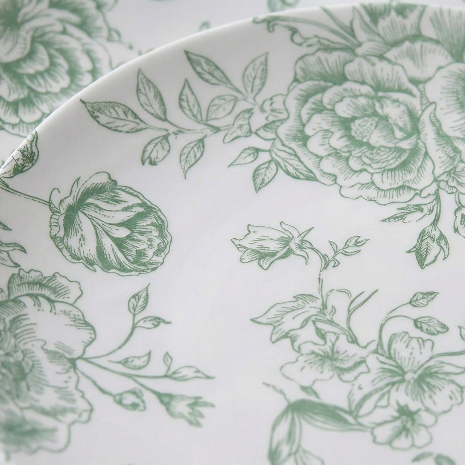 Sage green and white floral disposable party plates.