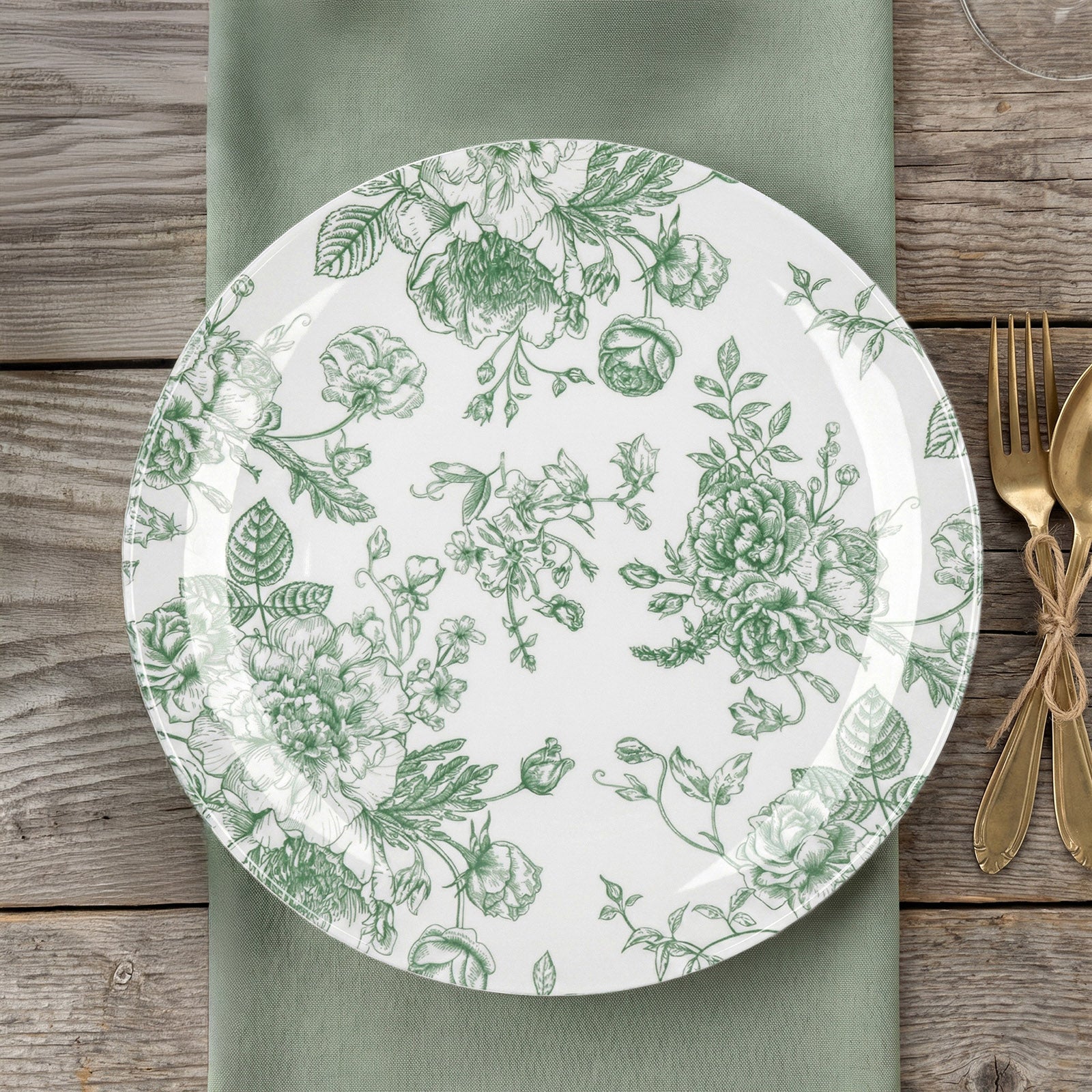 Sage green and white floral disposable dinner plate on a wooden table.