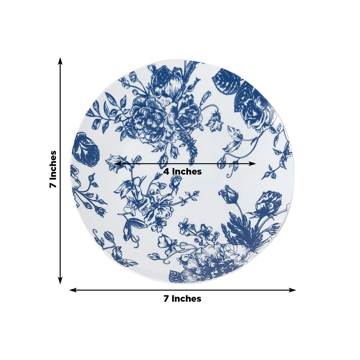 10-Pack French Toile Plastic Salad Plates – Blue & White Floral, 7" Round Disposable Dessert Plates