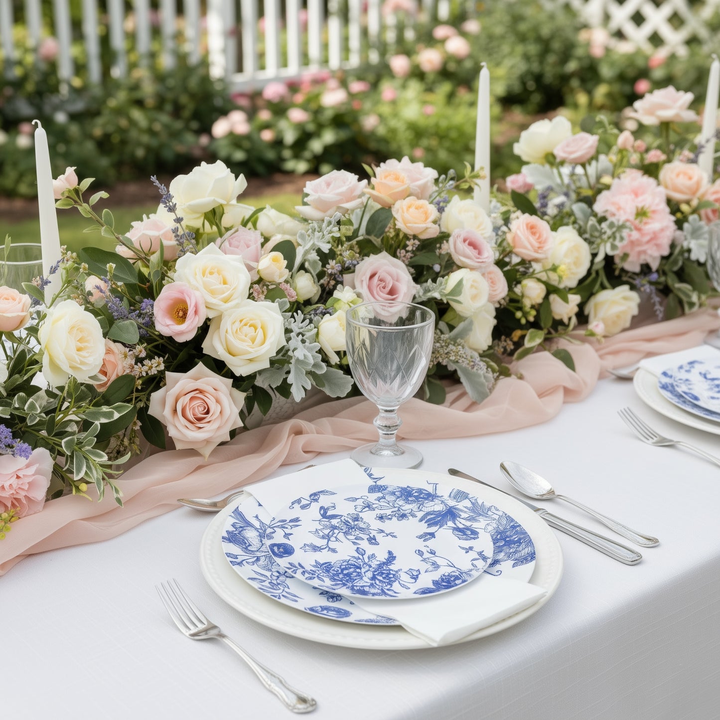 10-Pack French Toile Plastic Salad Plates – Blue & White Floral, 7" Round Disposable Dessert Plates