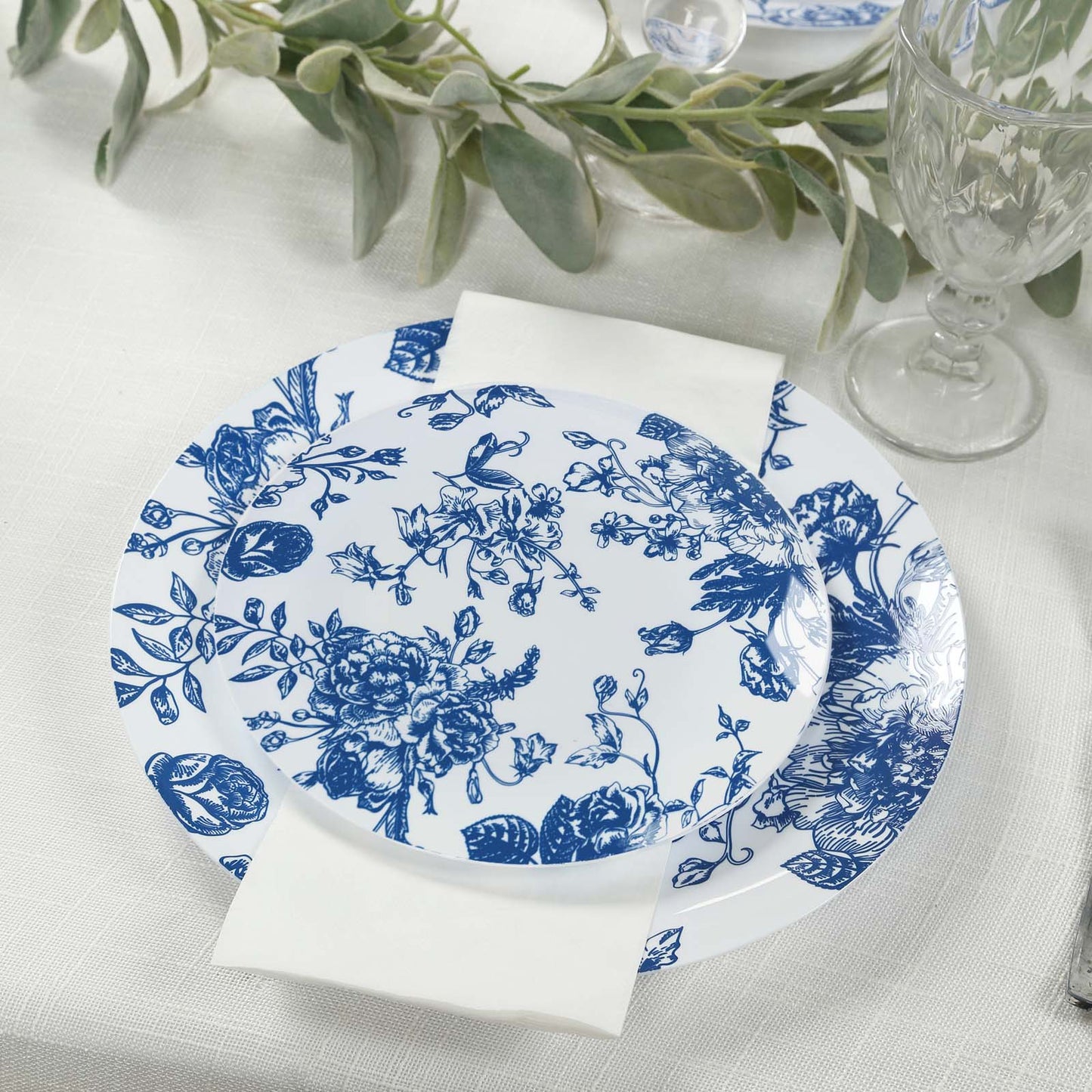 10-Pack French Toile Plastic Salad Plates – Blue & White Floral, 7" Round Disposable Dessert Plates