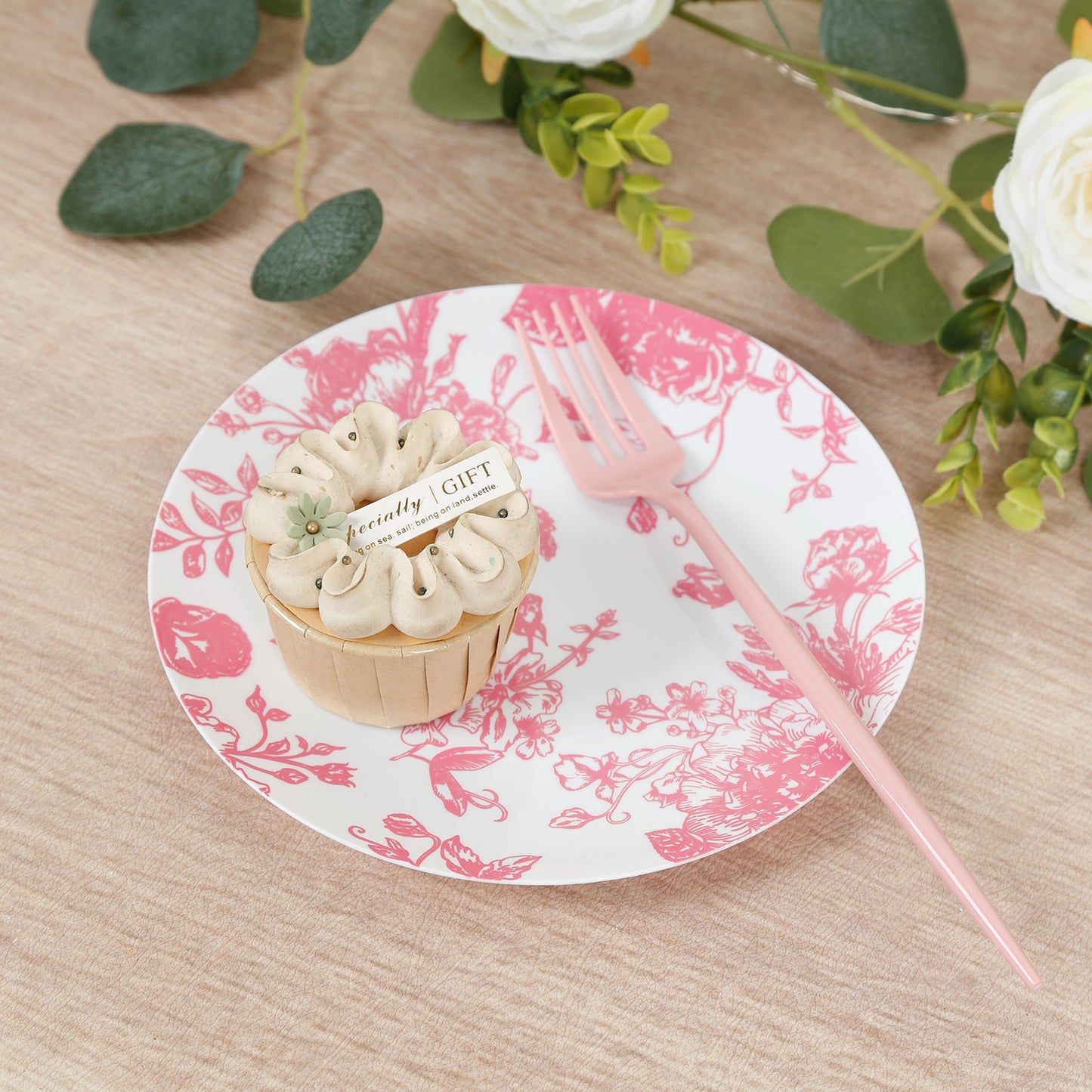 10-Pack French Toile Plastic Salad Plates – Pink & White Floral, 7" Round Disposable Dessert Plates