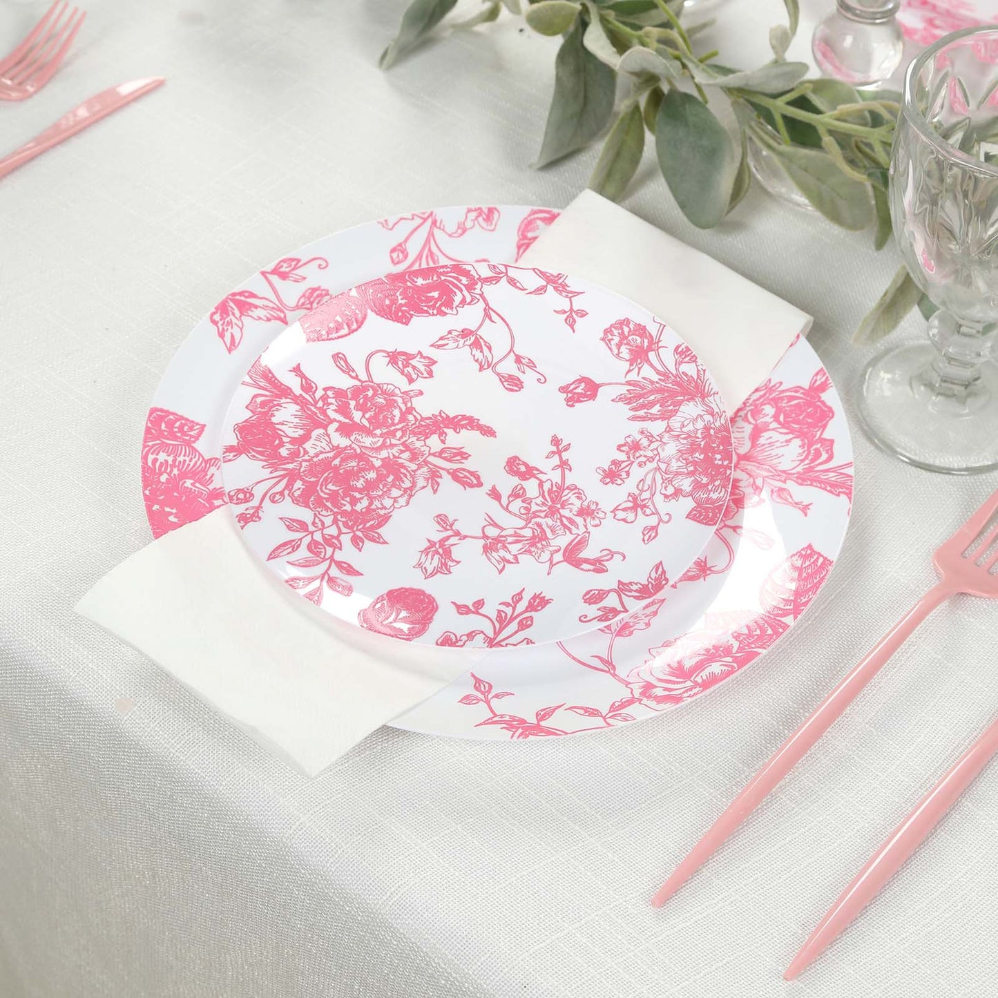 10-Pack French Toile Plastic Salad Plates – Pink & White Floral, 7" Round Disposable Dessert Plates
